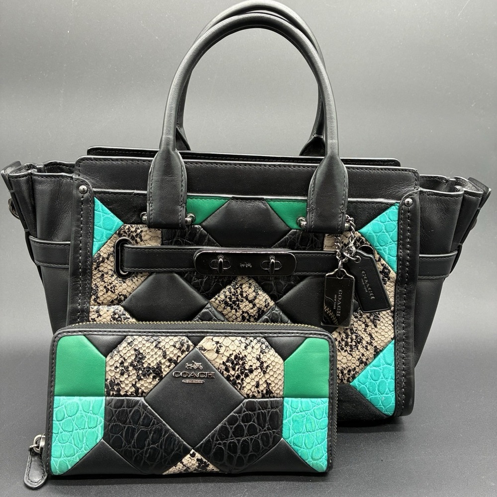 Coach Canyon Quilt Swagger 27 Carryall Bag Wallet Black Turquoise 38365